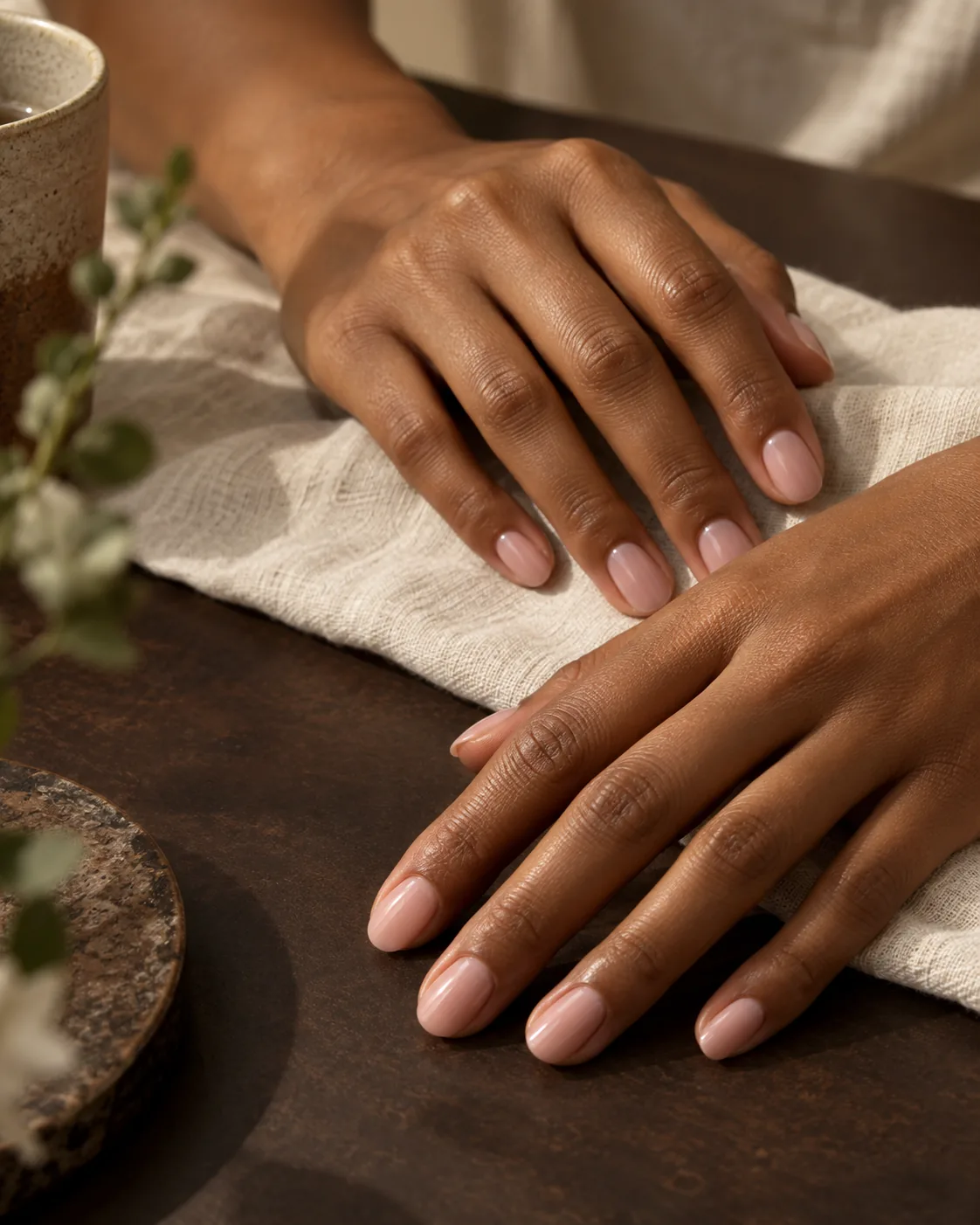 Blush manicure photographed with warm brown textiles and natural light