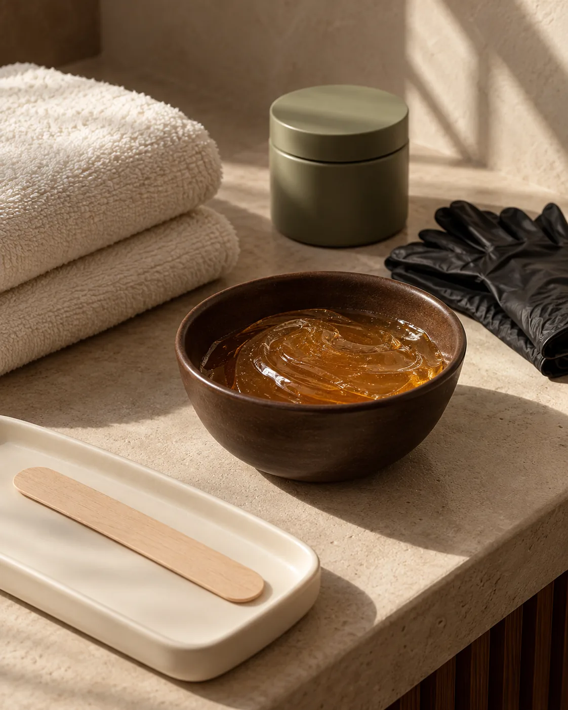 Sugaring paste and professional hair-removal tools arranged on a warm stone counter