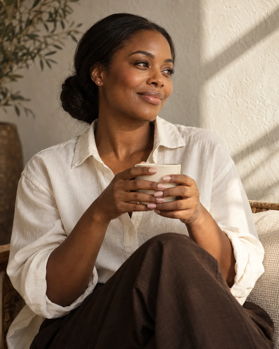 Adult woman relaxing with coffee in warm afternoon light